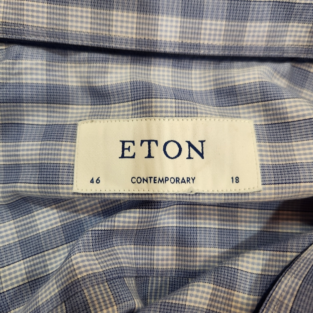 NWOT ETON Button Up Shirt 18 46 Contemporary Blue Check Gingham 100% Cotton - Picture 4 of 13